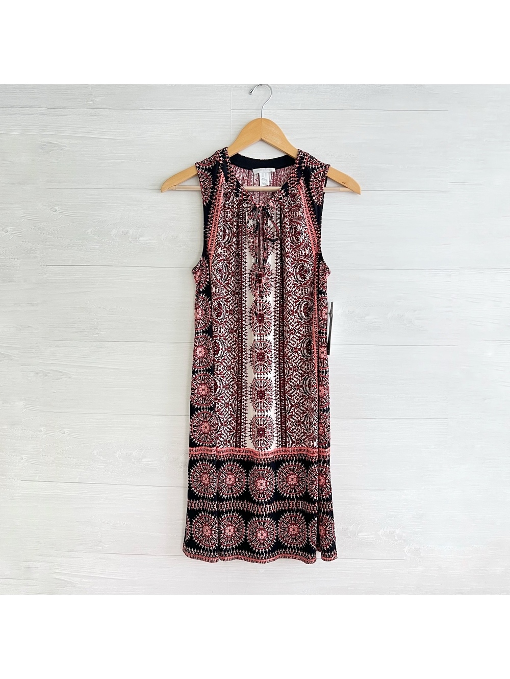 NWT London Times Black Pink Medallion Border Print Boho Shift Dress Size 10